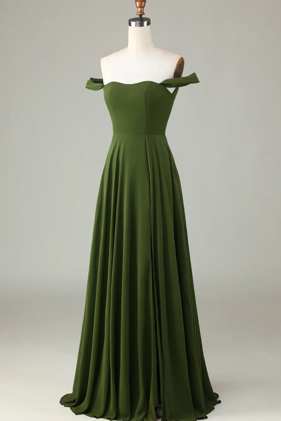 A-Line Off O Ombro Olive Vestido Madrinha com Fenda