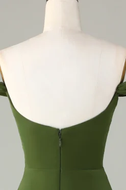 A-Line Off O Ombro Olive Vestido Madrinha com Fenda
