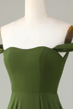 A-Line Off O Ombro Olive Vestido Madrinha com Fenda