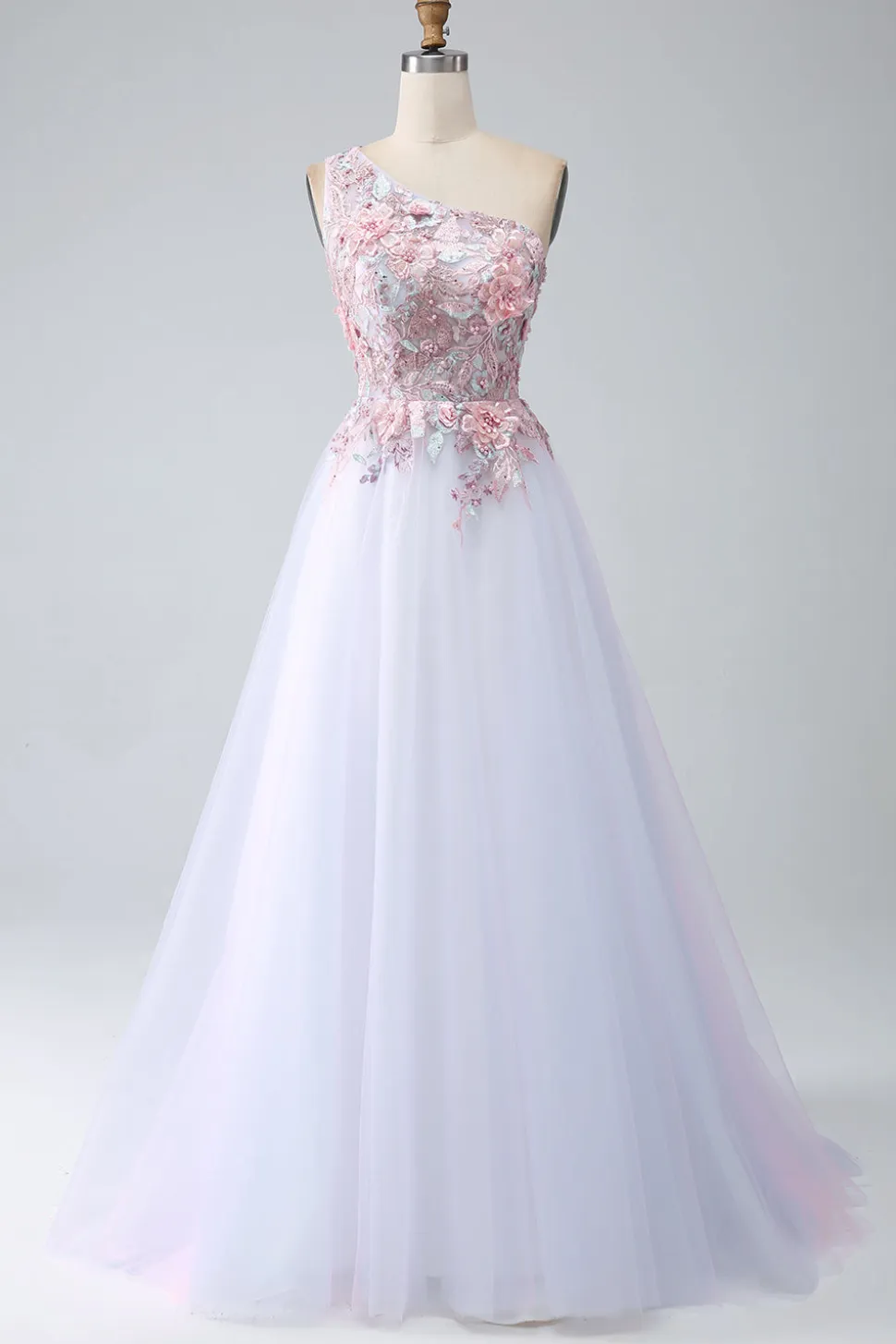 A-Line One Shoulder Pink Prom Dress com Apliques