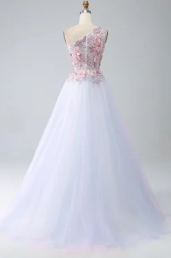 A-Line One Shoulder Pink Prom Dress com Apliques