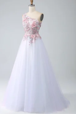 A-Line One Shoulder Pink Prom Dress com Apliques