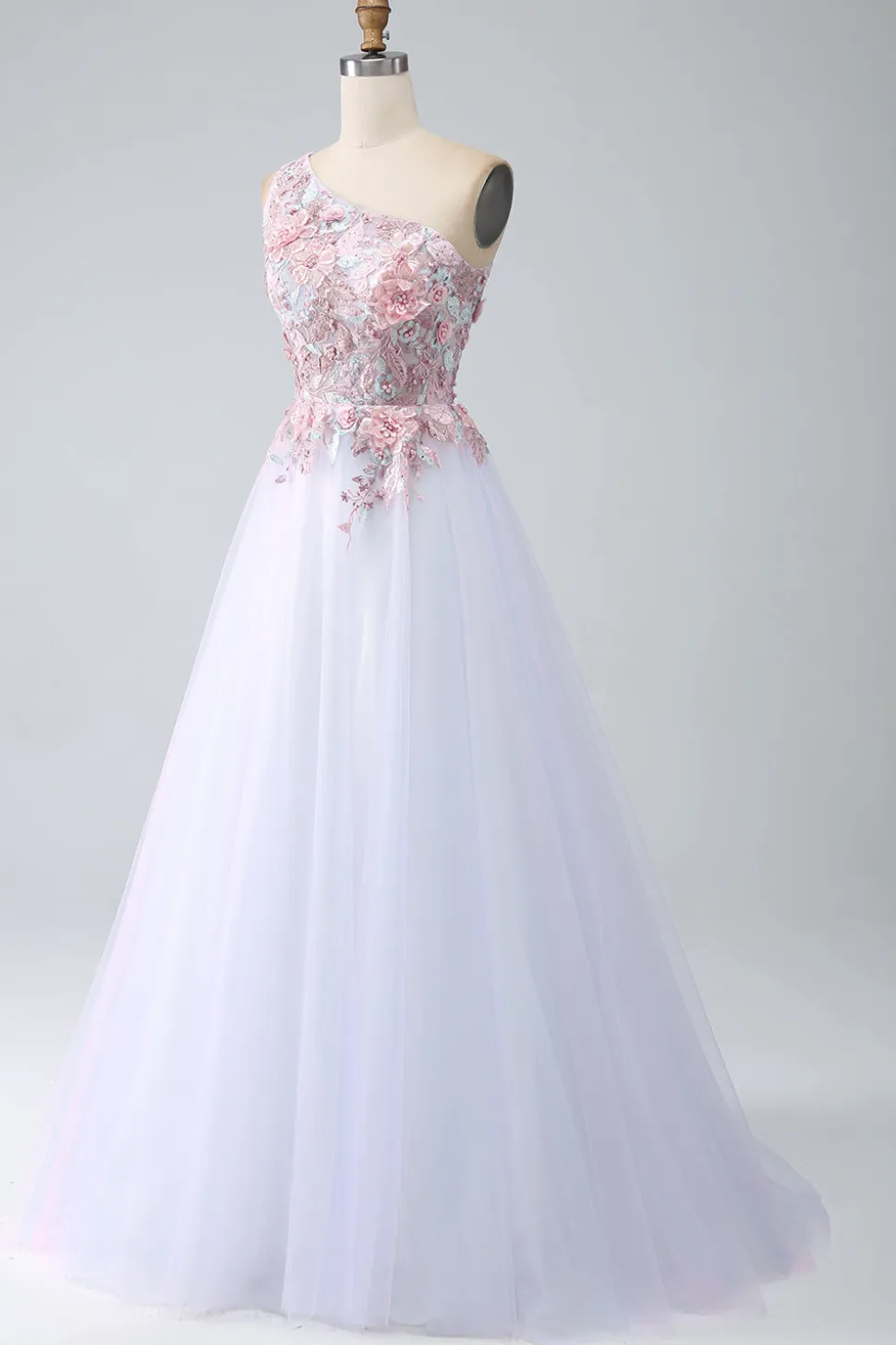 A-Line One Shoulder Pink Prom Dress com Apliques