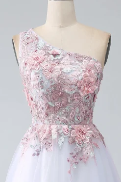 A-Line One Shoulder Pink Prom Dress com Apliques