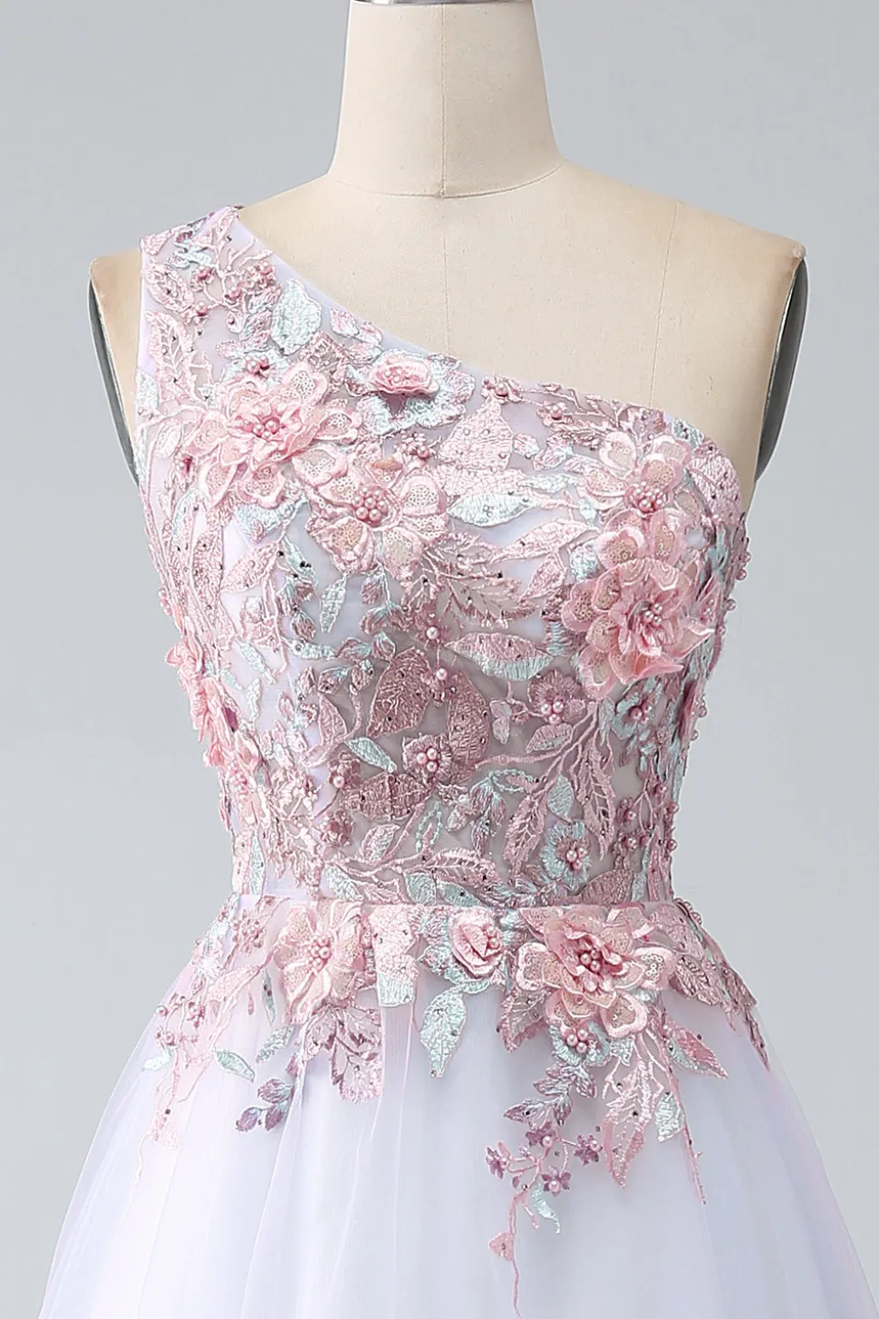 A-Line One Shoulder Pink Prom Dress com Apliques