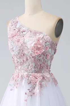 A-Line One Shoulder Pink Prom Dress com Apliques