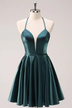A-Line Peacock Blue Halter Vestido Curto Homecoming com Renda para Trás