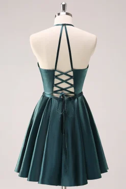 A-Line Peacock Blue Halter Vestido Curto Homecoming com Renda para Trás