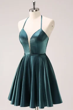 A-Line Peacock Blue Halter Vestido Curto Homecoming com Renda para Trás