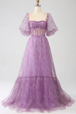 A-Line Pescoço Quadrado Roxo Corset Prom Dress com Meias Mangas