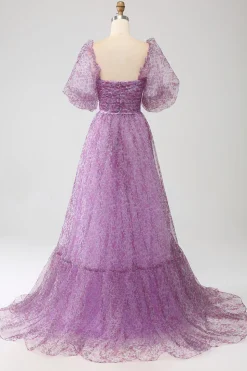 A-Line Pescoço Quadrado Roxo Corset Prom Dress com Meias Mangas