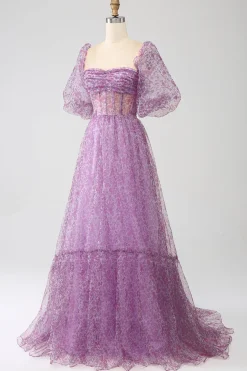 A-Line Pescoço Quadrado Roxo Corset Prom Dress com Meias Mangas