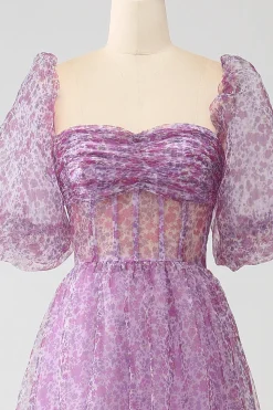 A-Line Pescoço Quadrado Roxo Corset Prom Dress com Meias Mangas