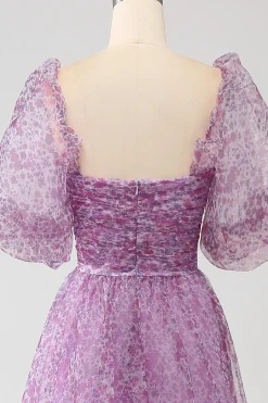 A-Line Pescoço Quadrado Roxo Corset Prom Dress com Meias Mangas