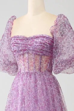 A-Line Pescoço Quadrado Roxo Corset Prom Dress com Meias Mangas