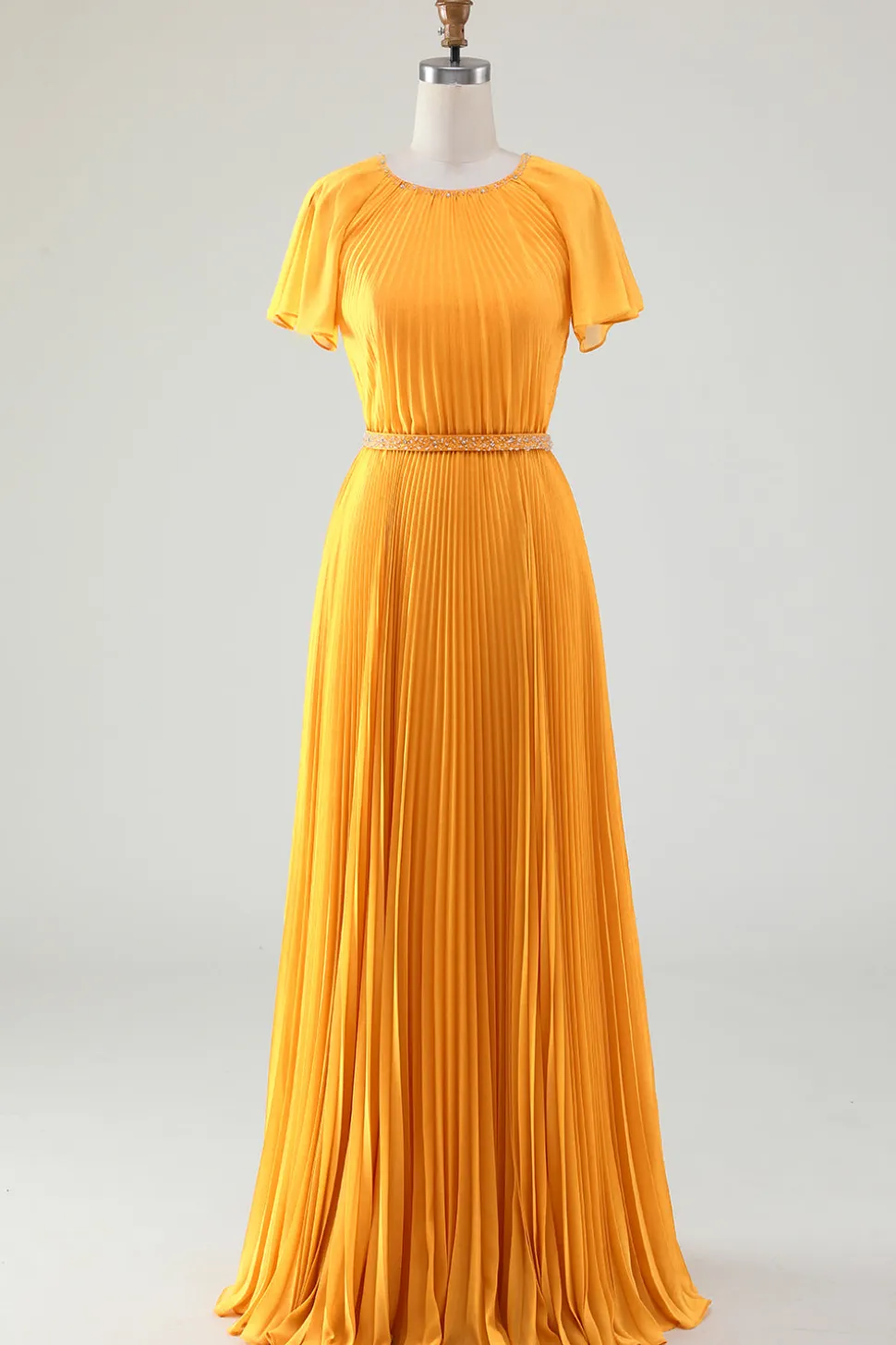 A-line pescoço redondo plissado amarelo mãe de vestido de noiva com mangas curtas