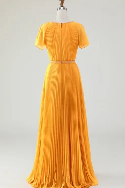 A-line pescoço redondo plissado amarelo mãe de vestido de noiva com mangas curtas