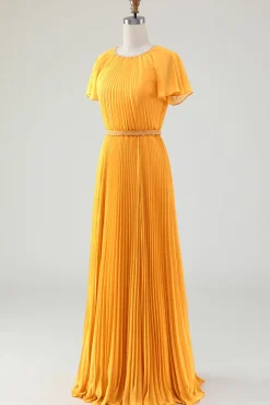 A-line pescoço redondo plissado amarelo mãe de vestido de noiva com mangas curtas