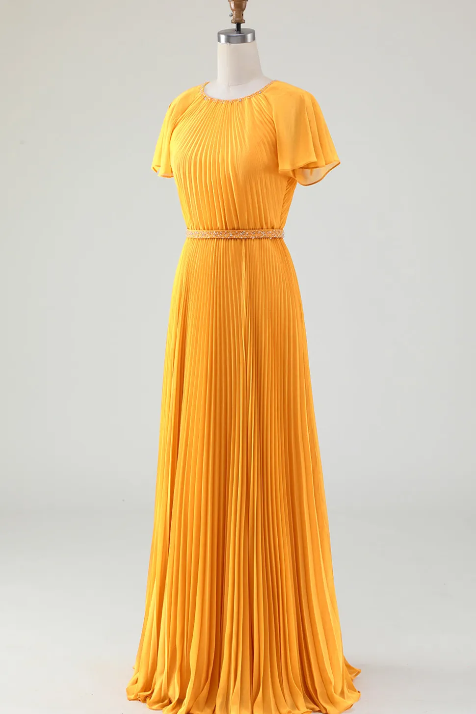 A-line pescoço redondo plissado amarelo mãe de vestido de noiva com mangas curtas
