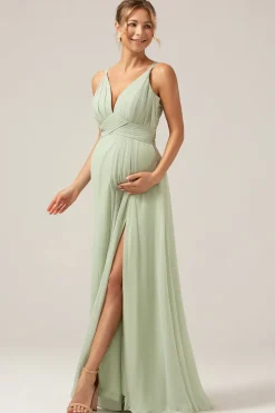 A-Line plissado Chiffon Long Dusty Sage Vestido de dama de honra