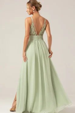 A-Line plissado Chiffon Long Dusty Sage Vestido de dama de honra