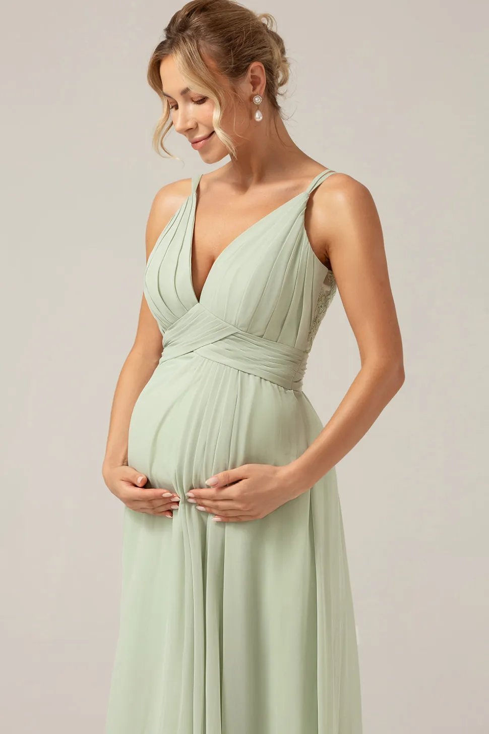 A-Line plissado Chiffon Long Dusty Sage Vestido de dama de honra