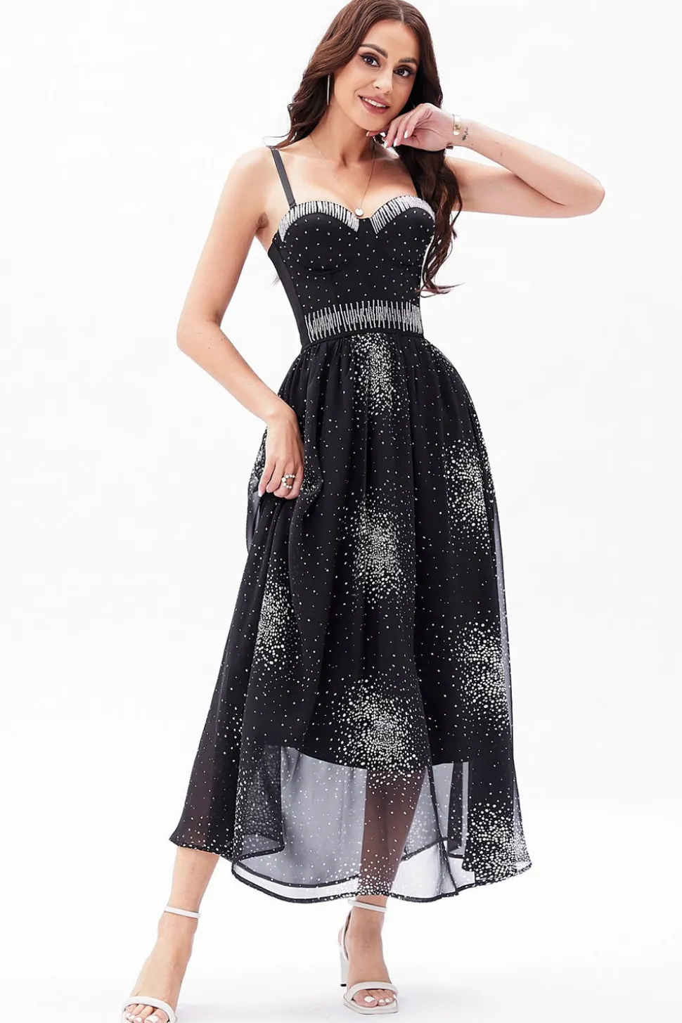 A-Line Preto Esparguete Correias Chiffon Corset Vestido de Festa