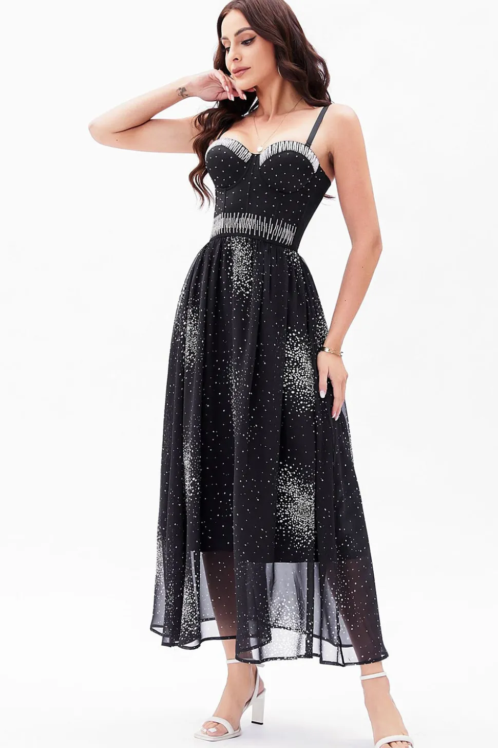 A-Line Preto Esparguete Correias Chiffon Corset Vestido de Festa