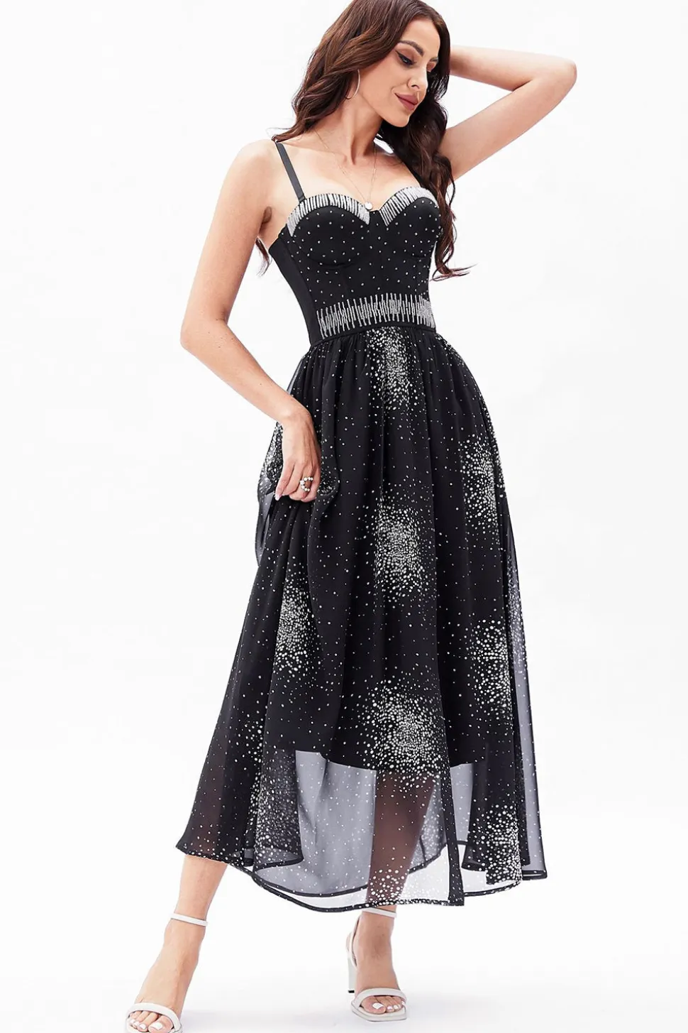A-Line Preto Esparguete Correias Chiffon Corset Vestido de Festa