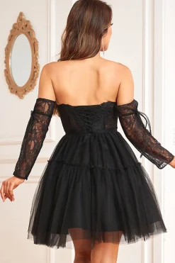 A-Line Preto Mangas Compridos Vestido de Cocktail