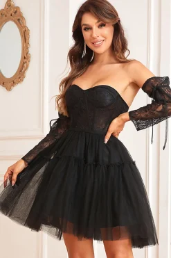 A-Line Preto Mangas Compridos Vestido de Cocktail