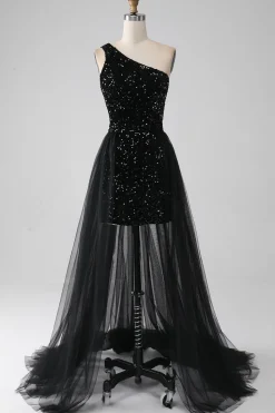 A-Line Preto Um Ombro Sequins Prom Dress