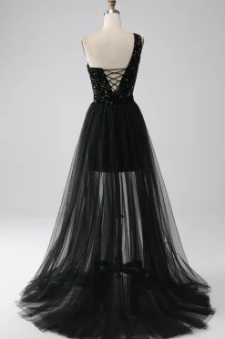 A-Line Preto Um Ombro Sequins Prom Dress
