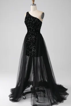 A-Line Preto Um Ombro Sequins Prom Dress