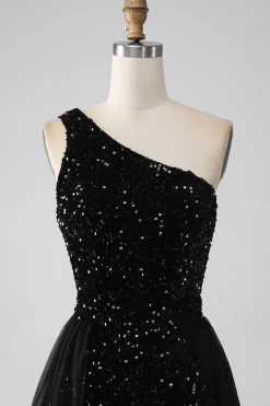 A-Line Preto Um Ombro Sequins Prom Dress