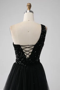 A-Line Preto Um Ombro Sequins Prom Dress