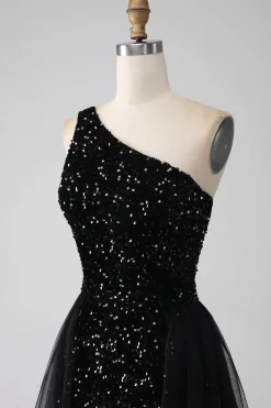 A-Line Preto Um Ombro Sequins Prom Dress
