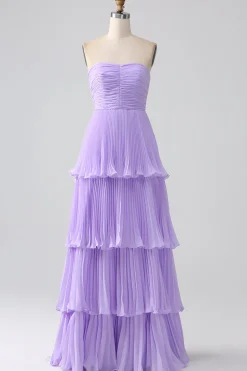 A-Line Querida Lilás Tiered Chiffon Vestido Longo Madrinha com Pregas