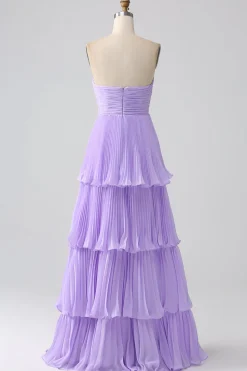 A-Line Querida Lilás Tiered Chiffon Vestido Longo Madrinha com Pregas