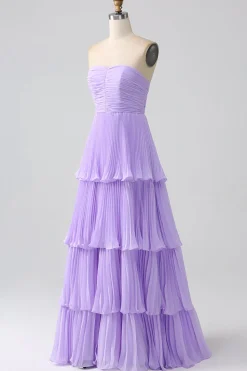 A-Line Querida Lilás Tiered Chiffon Vestido Longo Madrinha com Pregas