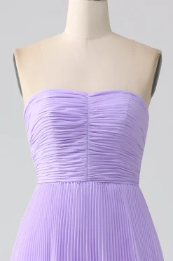 A-Line Querida Lilás Tiered Chiffon Vestido Longo Madrinha com Pregas