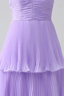 A-Line Querida Lilás Tiered Chiffon Vestido Longo Madrinha com Pregas