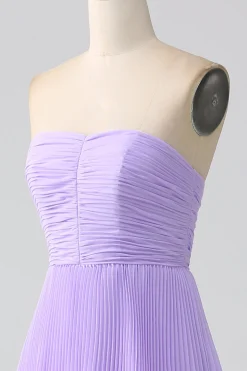 A-Line Querida Lilás Tiered Chiffon Vestido Longo Madrinha com Pregas