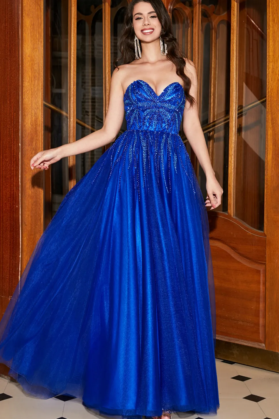 A-Line Querida Royal Blue Prom Dress com Missangas