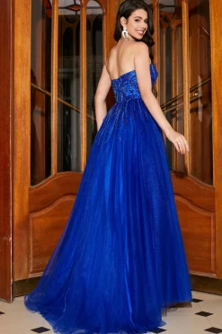 A-Line Querida Royal Blue Prom Dress com Missangas