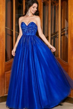 A-Line Querida Royal Blue Prom Dress com Missangas