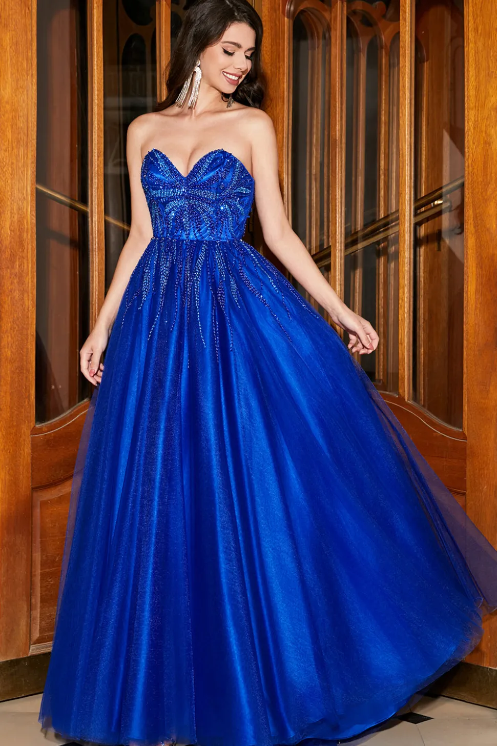A-Line Querida Royal Blue Prom Dress com Missangas