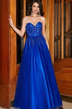 A-Line Querida Royal Blue Prom Dress com Missangas