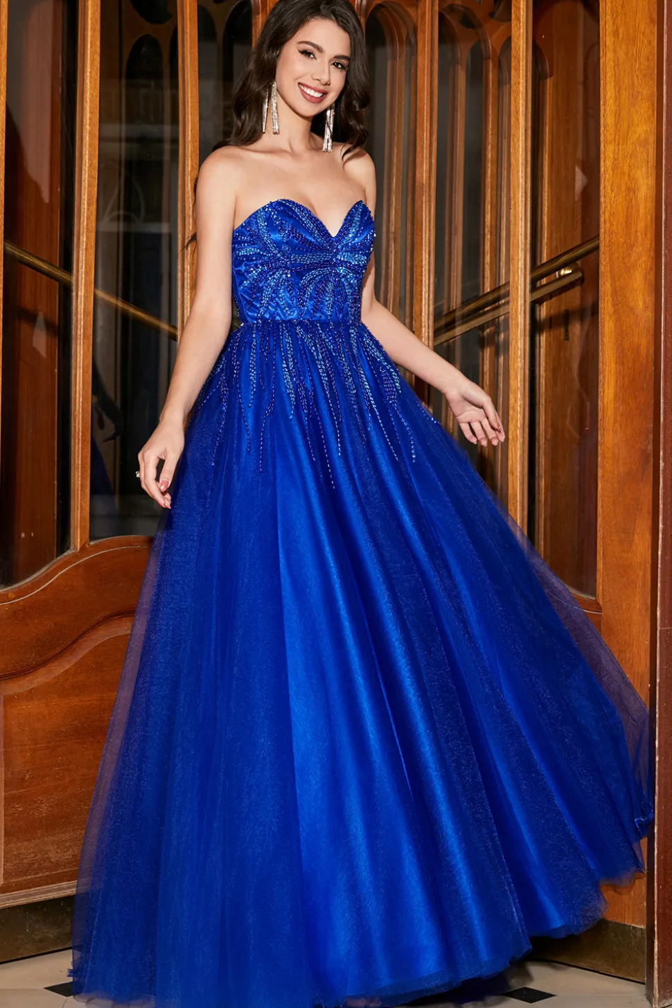 A-Line Querida Royal Blue Prom Dress com Missangas