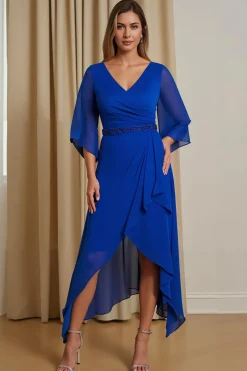A-Line Royal Blue V-Neck 3/4 Manga Chiffon Mãe do Vestido da Noiva com Folhos